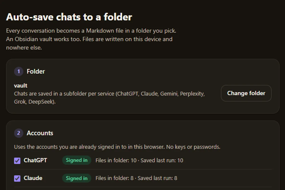 The Auto-save page of Backup My AI Chat: a chosen folder and a list of signed-in AI accounts with the number of files saved for each