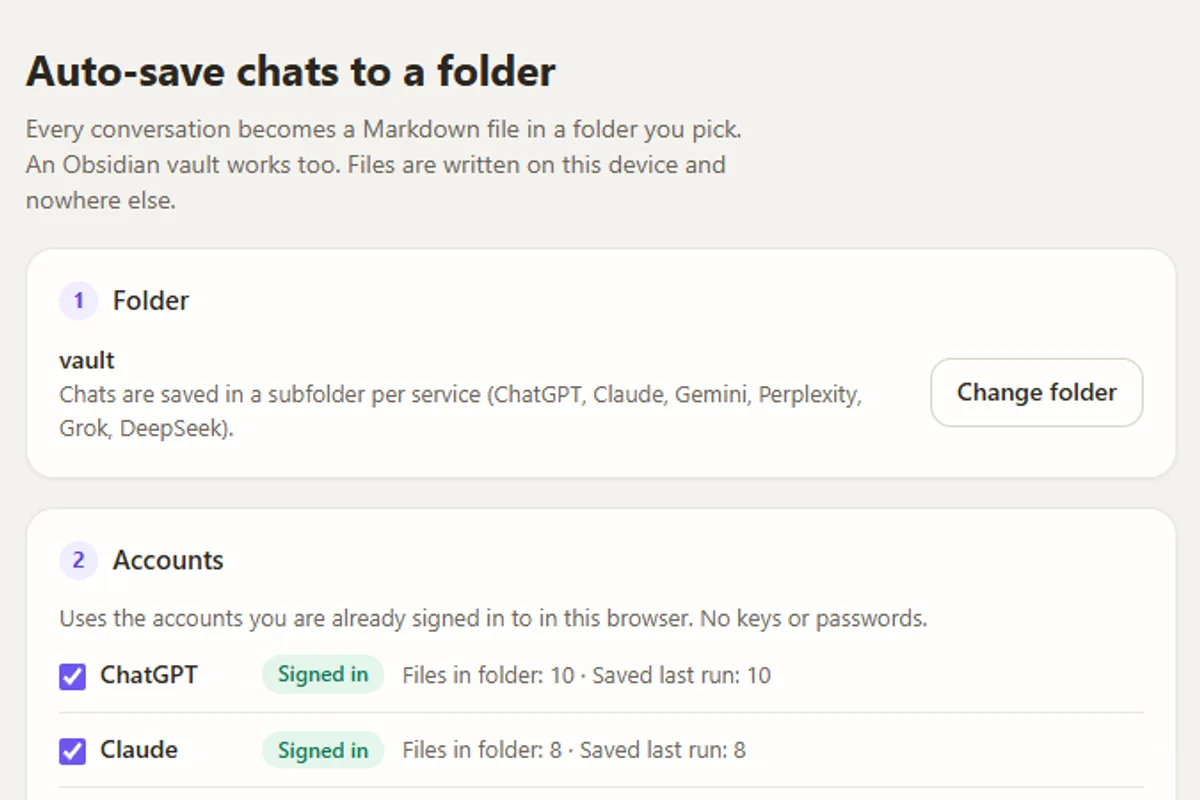 The Auto-save page of Backup My AI Chat: a chosen folder and a list of signed-in AI accounts with the number of files saved for each