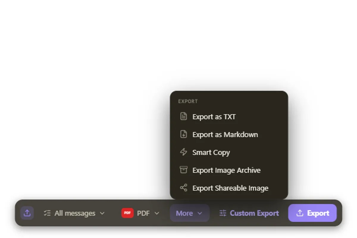 The Backup My AI Chat export toolbar on a chat page, with the More menu open showing text, Markdown and image export options