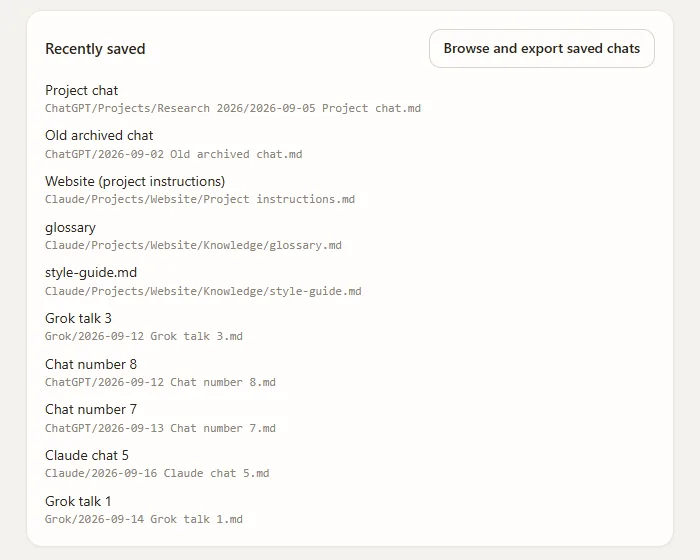 The Recently saved list in Backup My AI Chat, showing each saved chat with its path inside the folder, such as ChatGPT/Projects/Research 2026/2026-09-05 Project chat.md