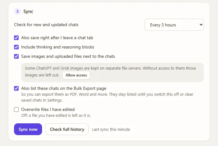 The Sync settings of Backup My AI Chat: check every 3 hours, save after leaving a chat tab, include thinking blocks, save images and uploaded files, and leave edited files alone