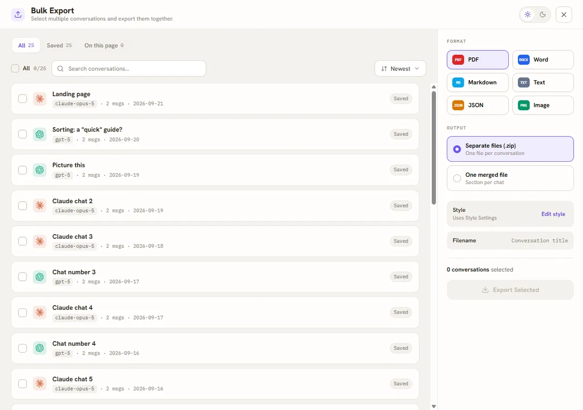 The Bulk Export page of Backup My AI Chat: a list of conversations with tick boxes, six format buttons, and a choice between separate files in a zip or one merged file