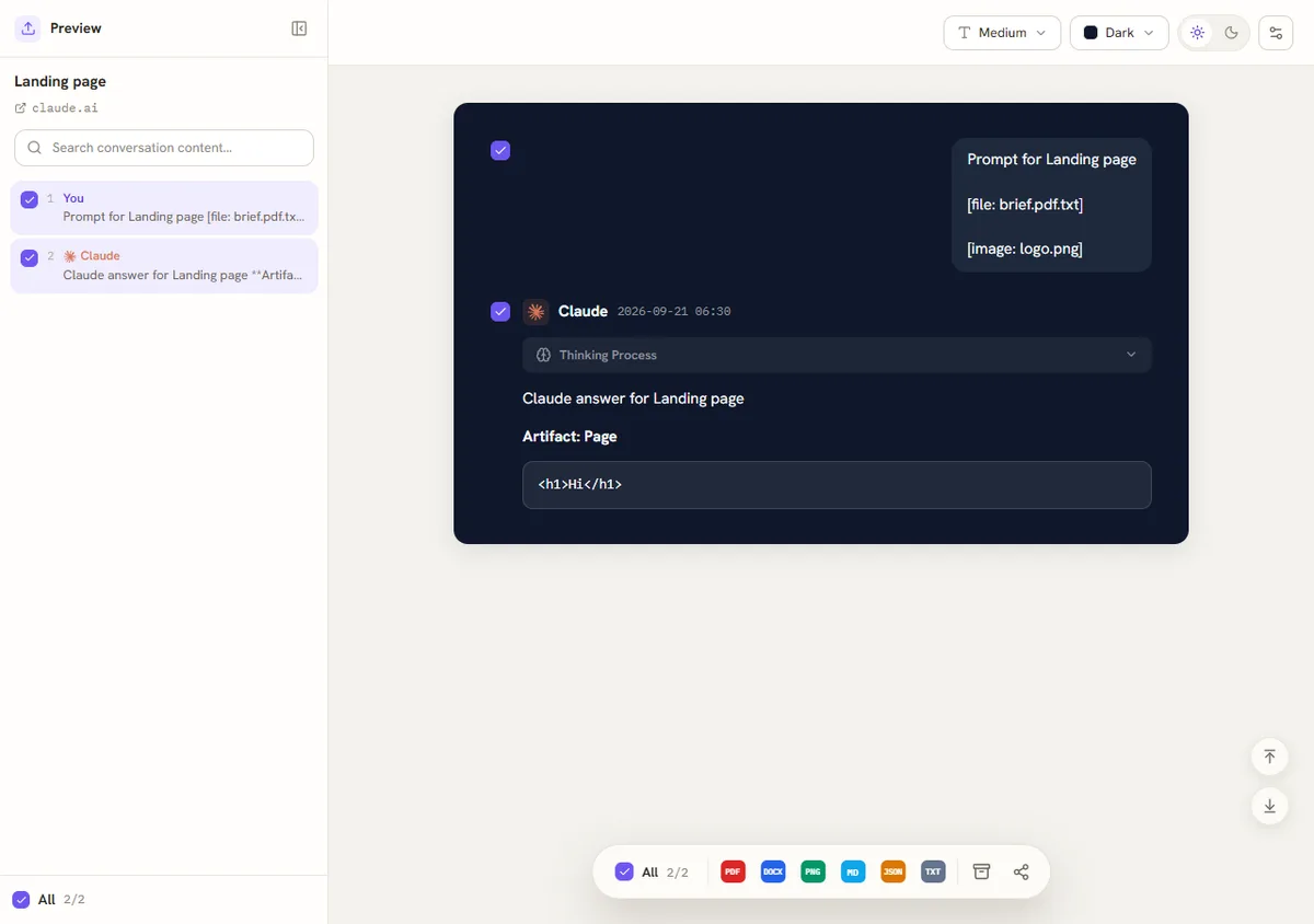 Custom Export in Backup My AI Chat: a list of messages with tick boxes on the left, a preview of the conversation in a dark theme, and format buttons for PDF, Word, image, Markdown, JSON and text