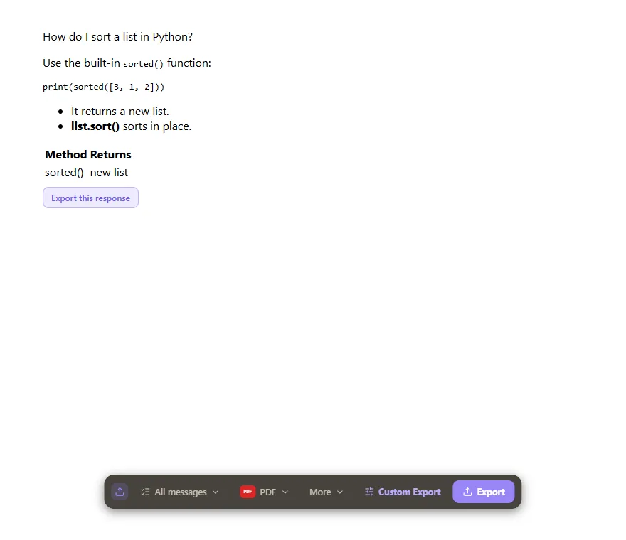 The Backup My AI Chat toolbar on a chat page, with a message selector, a format selector set to PDF, a More menu, Custom Export and an Export button